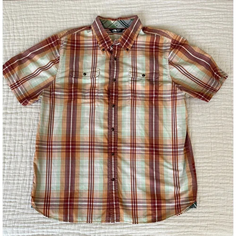 North‎ Face Mens XL Short Sleeve Button Down Shirt Plaid Red Orange Cotton